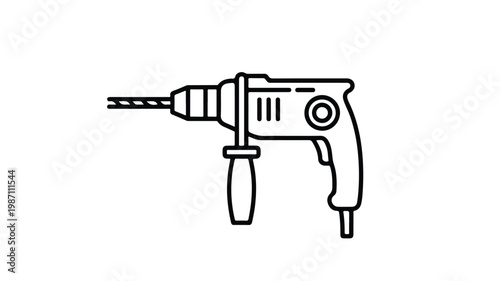Black and white line drawing of a power drill with a drill bit attached