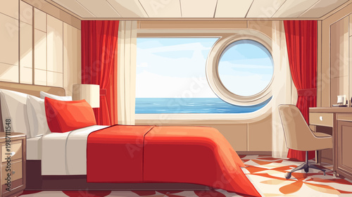 Interior illustration of a ship cabin with bed, porthole window, desk, chair, and ocean view