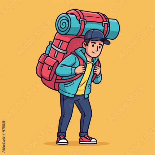 Man with large backpack and sleeping bag walking on yellow background