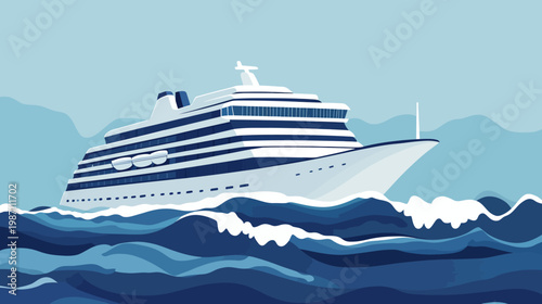A cruise ship sailing on the ocean with stylized waves and a blue palette. The vessel is white with blue details