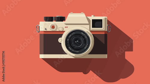 A digital illustration showcasing a classic film camera, set against a solid orange-red backdrop