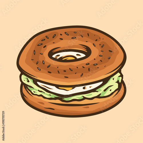 Healthy Breakfast Bagel Sandwich with Fried Egg and Avocado Vector Illustration