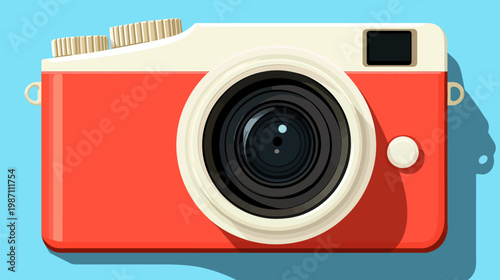 A vibrant, retro-style illustration featuring a red and cream-colored compact camera against a blue backdrop