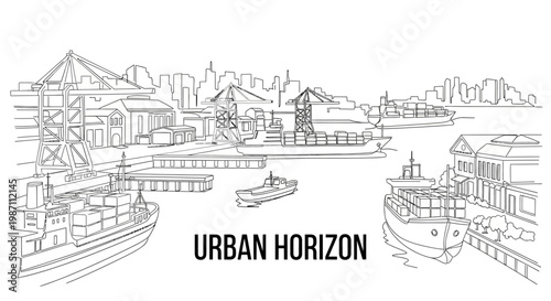 Hand drawn illustration of a busy industrial port harbor scene.