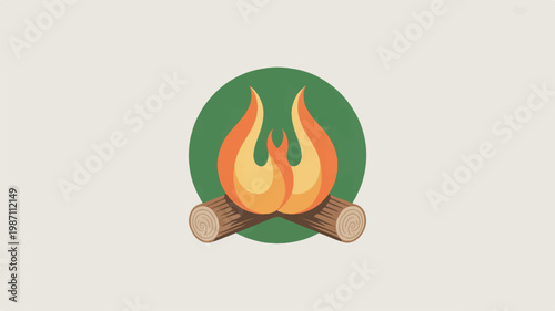 campfire with logs and flames on green circle  outdoor fire pit symbol