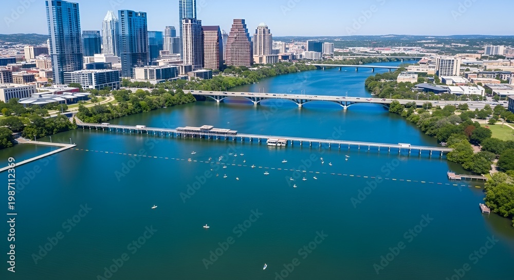 Fototapeta premium Austin skyline and Lady Bird Lake with Congress Avenue Bridge and kayaks