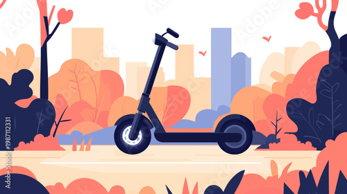 Flat illustration of an electric scooter on a road, with trees and buildings in the background