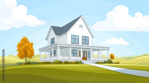 A picturesque cartoon of a white house with a porch, sunny day, rolling hills, and trees