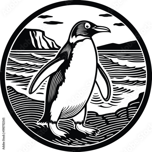 Vintage Woodcut Style Penguin Emblem