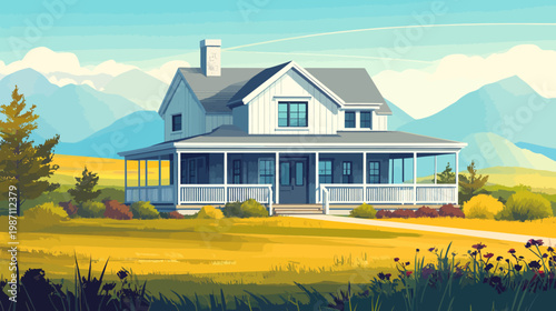 Digitized illustration of a house with a porch, overlooking a meadow and mountains