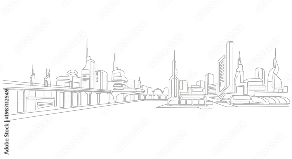 Obraz premium Hand drawn architectural sketch of a modern city skyline.