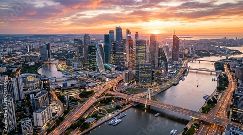 A breathtaking aerial view of a modern city skyline at sunset, with illuminated skyscrapers, a winding river, busy bridges, and glowing streets showcasing vibrant urban life and architecture.