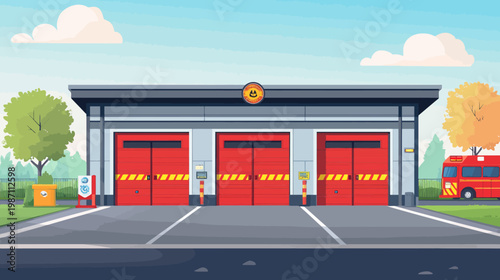 A stylized illustration depicting a fire station with red doors, a fire truck, and trees