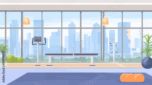 Cartoon-style illustration depicts a modern gym with exercise equipment and large window overlooking a city