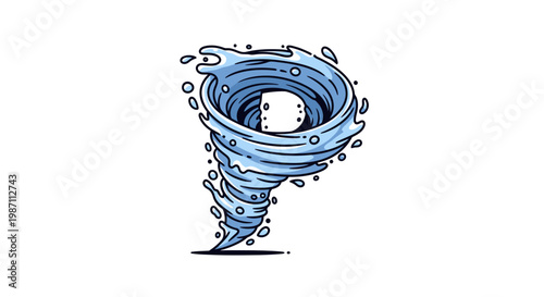 Tornado with swirling blue water and droplets isolated on white