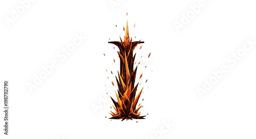 Vibrant orange and black flame sparks isolated on white background