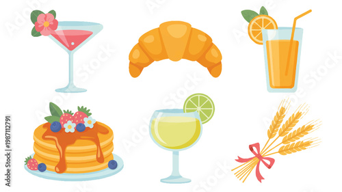 cartoon food and drink items on white background