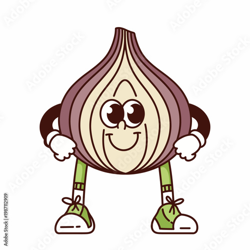 This playful illustration showcases a cheerful onion character with big eyes and a wide smile, bringing a fun twist to an ordinary vegetable that's sure to delight.