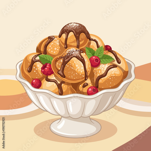 An extravagant bowl filled with assorted ice cream scoops drizzled with chocolate and adorned with berries, representing indulgence and delight in dessert-themed creativity.