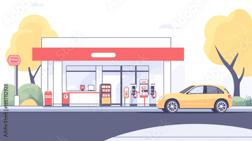 A stylized illustration depicting a gas station with a yellow car parked outside and autumnal trees