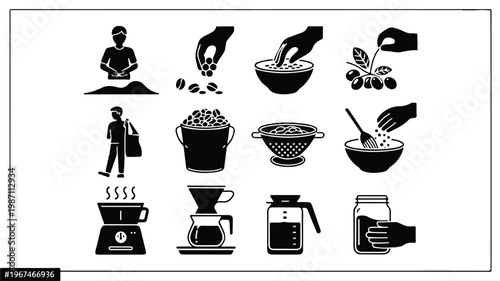 coffee preparation icons with various steps and tools for making coffee