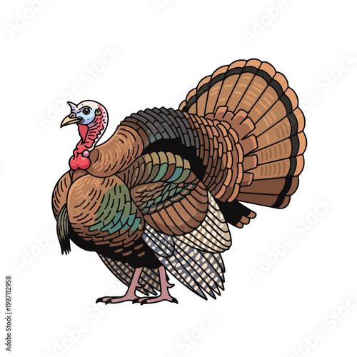 Colorful Domestic Turkey Bird Standing Isolated on White Background