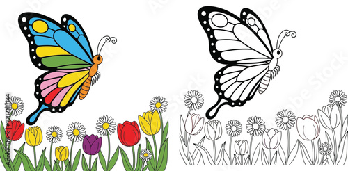 Colorful Butterfly Flying over Flower Garden Coloring Page for Kids, Spring Nature Illustration Vector Set, Colored and Outline