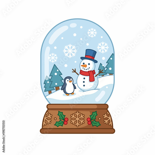A charming snow globe featuring a cheerful snowman and a cute penguin, surrounded by beautifully crafted winter trees and snowflakes, perfect for holiday decor.
