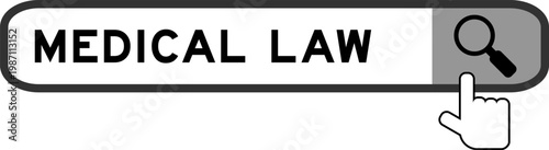Search banner in word medical law with hand over magnifier icon on white background