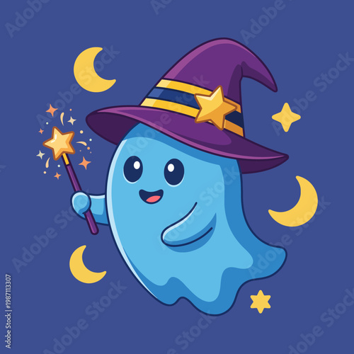 A charming blue ghost donning a purple wizard hat and wielding a magic wand, radiating enchantment and whimsy, ideal for playful themes in children's art and Halloween.