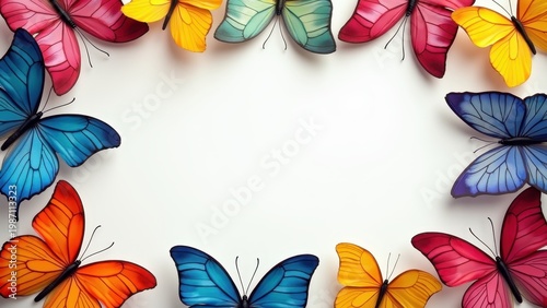 Colorful butterfly collection frame border, soft white bokeh center space, summer garden concept