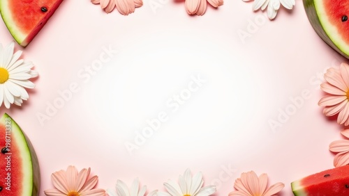 Fresh watermelon slices and tropical flowers corner frame, white clean center mockup space, summer food flat lay