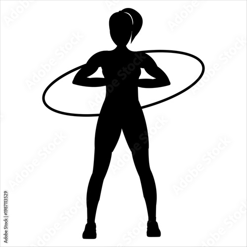 Woman Hula Hoop Fitness Silhouette Performing Waist Rotation Exercise in Active Workout Pose