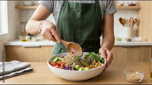 Woman in home kitchen mixing a fresh quinoa salad with avocado, chickpeas, cherry tomatoes and spinach in a bowl, healthy vegetarian meal prep for clean eating and lunch at home for advertising