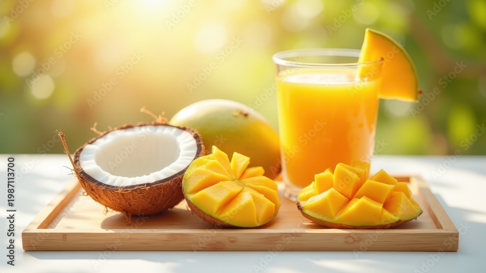 Fototapeta premium Summer background with bamboo tray fresh mango halves coconut shell and tropical smoothie on white surface, tropical food overhead