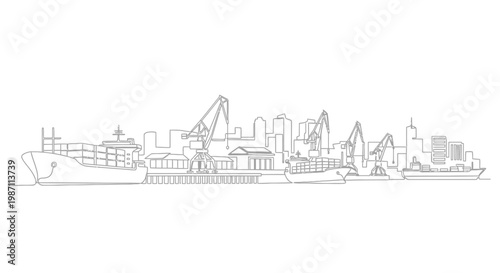 Continuous line drawing of a bustling industrial seaport with cargo ships and cranes.