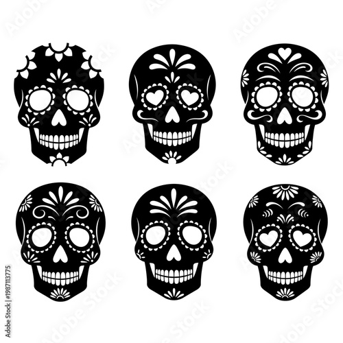 Six Ornate Sugar Skull Designs Black and White
