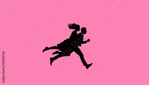 Romantic Couple Running Silhouette on Pink Background, Love and Relationship Concept