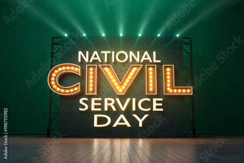 Glowing National Civil Service Day sign with modern stage lighting.