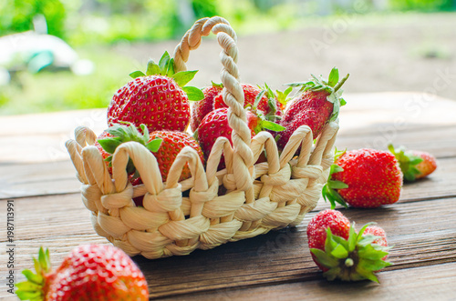 Fresh red strawberries in a wicker basket on a wooden table in the garden