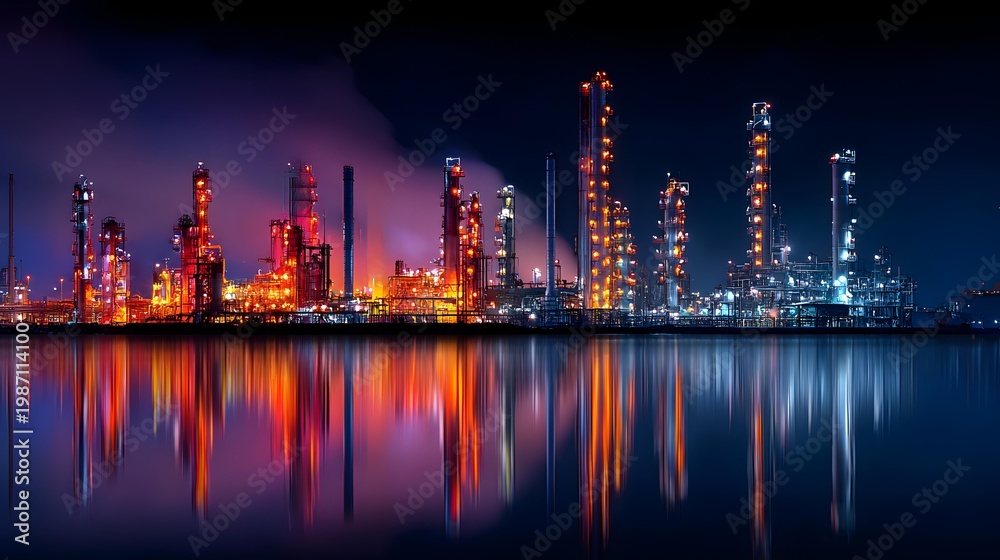 Fototapeta premium Industrial oil refinery at night with reflections
