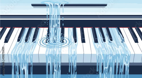 Mesmerizing illustration of a grand piano keyboard drenched in flowing water, symbolizing the fluidity of music and creative inspiration cascading with harmony