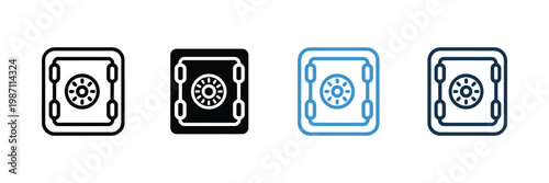 Safe vault line and solid icon set, bank vault security and money protection symbols, asset safety and secure storage concept vector illustration.