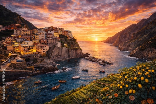 Romantisches Küstendorf bei Sonnenuntergang in Italien, bunte Häuser auf Klippen, Boote im türkisblauen Meer und Zitronengarten im Vordergrund