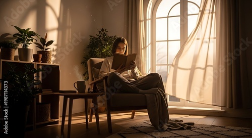 Woman reading book in sunlit room