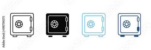 Safe vault line and solid icon set, bank vault security and money protection symbols, asset safety and secure storage concept vector illustration.