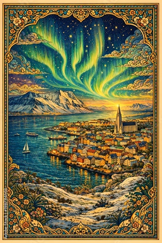 Fantastische Küstenstadt unter Polarlichtern mit kunstvollem ornamentalen Rahmen, leuchtende Nordlichter über Bergen und Meer, detailreiche Illustration im Vintage Stil