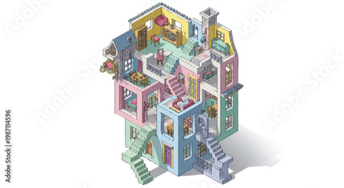 Colorful and complex multi-level building illustration featuring a whimsical maze of interconnected rooms and an impossible architectural design perspective