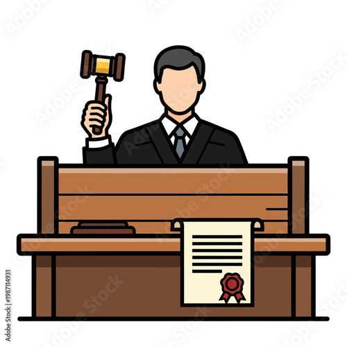 Judge Presiding Over Case in Courtroom with Gavel and Document
