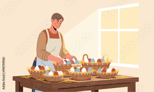 Farmer Sorting Eggs into Baskets on a Wooden Table